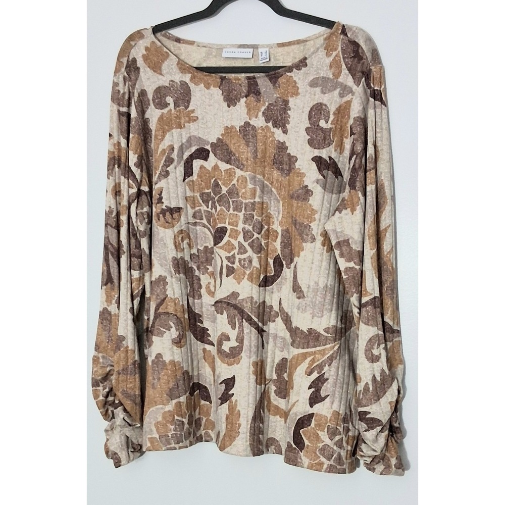 Susan Graver Top Women's 1Xโ Beige Printed Ribbed Knit with Lurex Bateau Neck